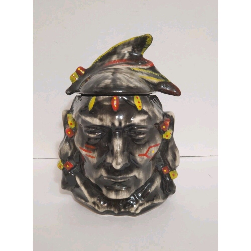 McCoy Chief Pontiac Indian Head Cookie Jar Smooth Chin 10.25" Black Wash Vtg